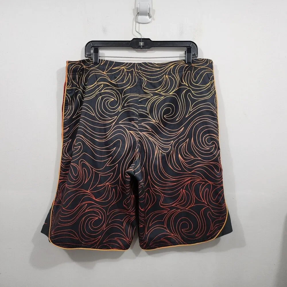 Vintage NIKE Board Shorts Swim Trunks Mens XL Black Orange Flame AOP Drawstring